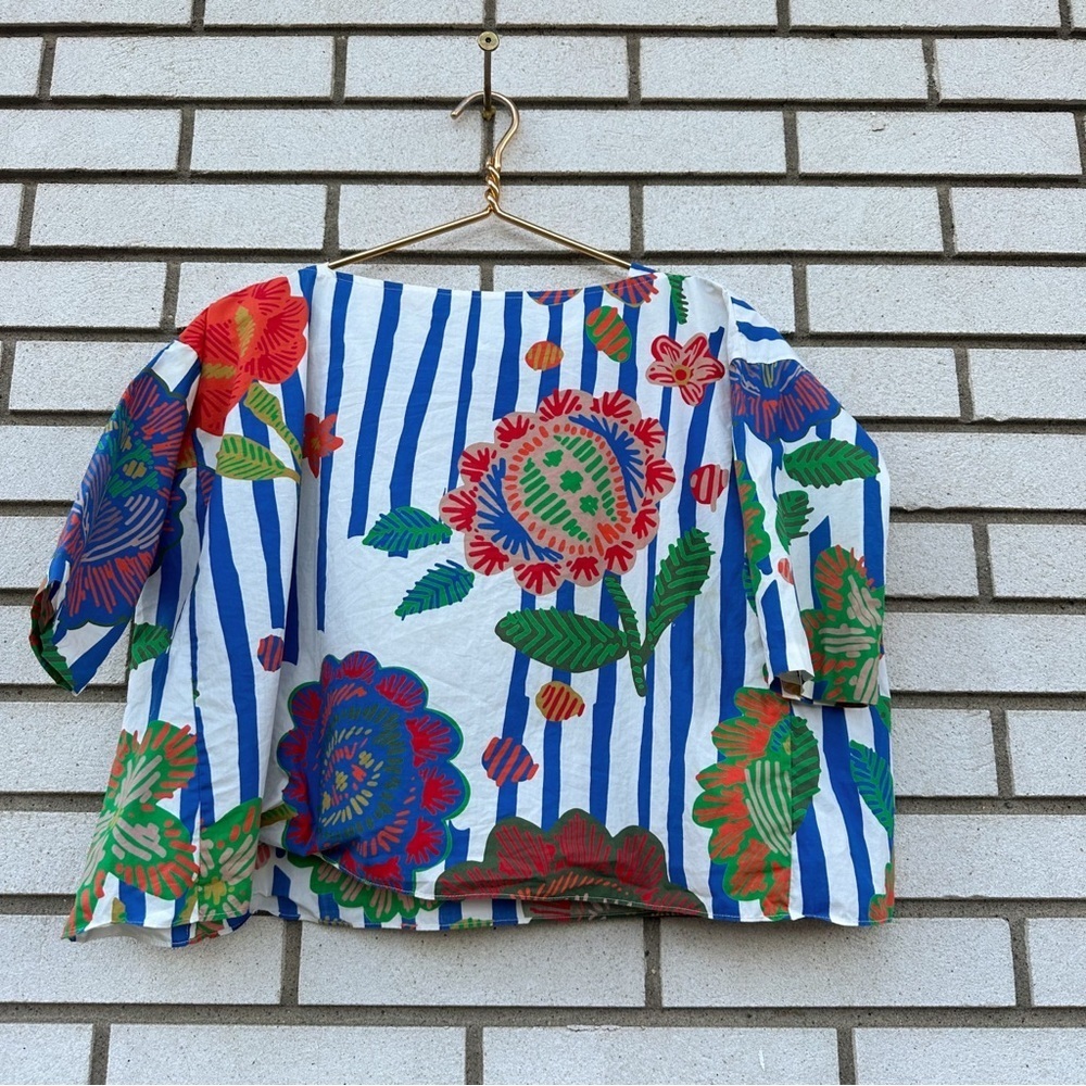 Tia Cibani Bold Matyo Floral Stripe Cotton Boxy Top 7 8 Boho Art Teacher